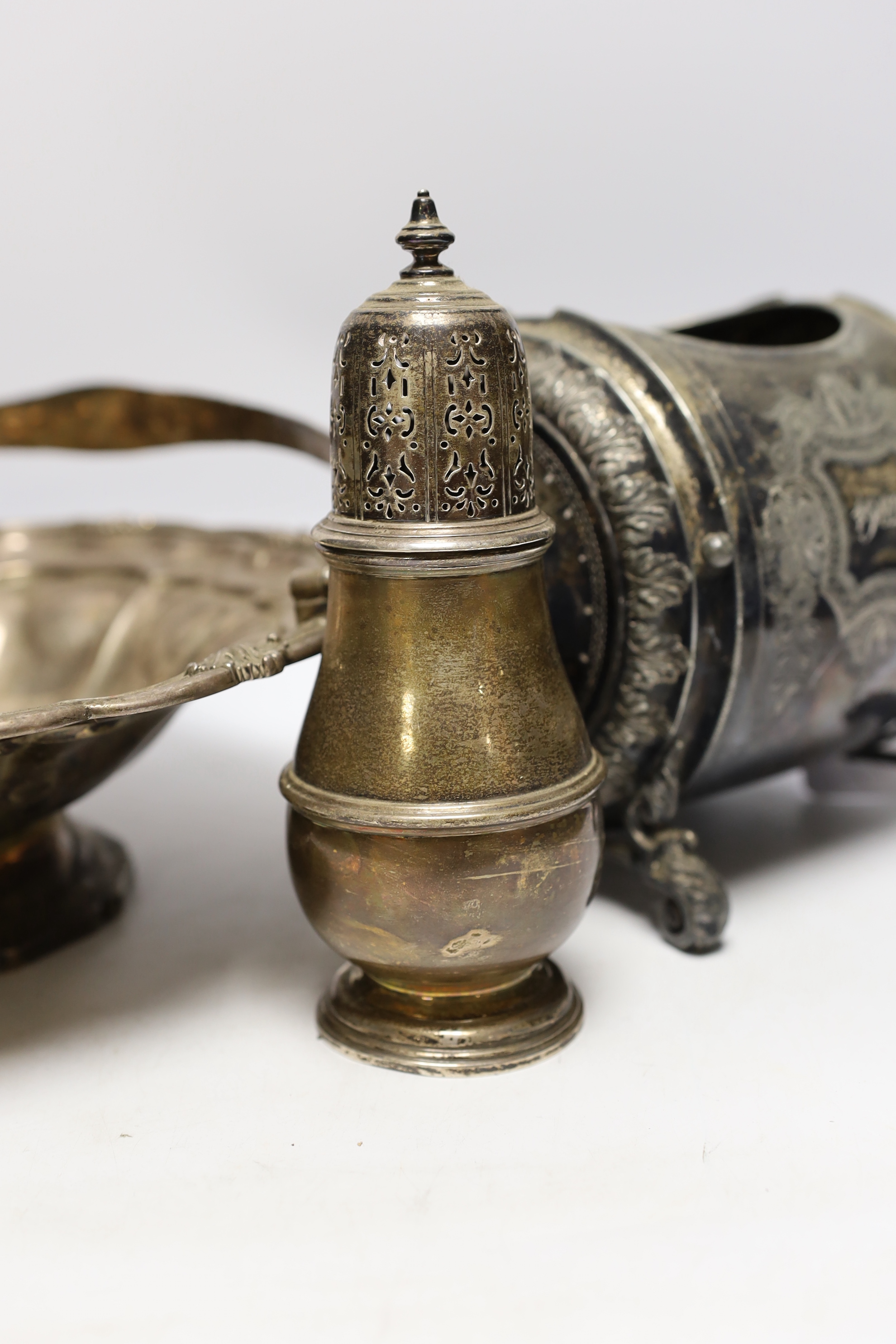 A George IV silver bread basket, London, 1827? (marks rubbed), diameter 31cm, together with a 1930's silver sugar caster, gross 40.2oz and a Brittania metal biscuit barrel.